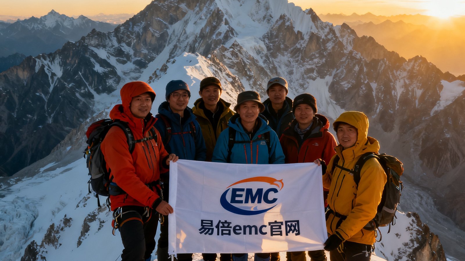EMC易倍户外探险团队成员身着专业冲锋衣站在海拔5000米雪山之巅合影，背景是连绵的雪峰与金色晨曦，旗帜上印有易倍emc官网标识